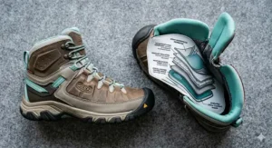 A side-view diagram of lightweight hiking boots for women designed for day trips and breathability.