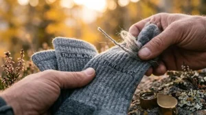 Close-up texture of merino wool fibers used in the best hiking socks for moisture wicking.