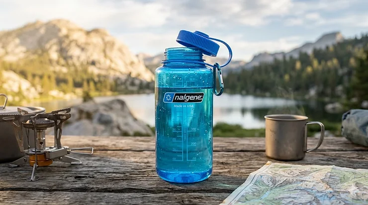 A high-quality featured image for a Nalgene bottle camping guide showing a classic wide-mouth bottle resting on a rustic wooden table with a scenic mountain background.