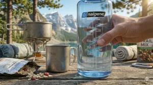 A close-up view of the ounce and milliliter measurement markings on a Nalgene bottle used for precise camp meal preparation.