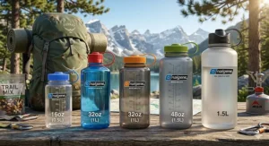 A detailed illustration comparing different Nalgene bottle sizes and shapes suitable for various camping and hiking trips.