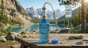 A technical drawing showing how a Nalgene bottle easily attaches to a standard backcountry water filtration system.