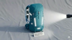 Illustration showing reflective strips on a hydration pack for increased visibility during low-light evening hikes.