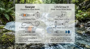 Comparison of setup options showing Sawyer used as an inline filter versus the LifeStraw used as a direct straw.