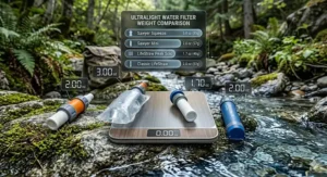 A minimalist graphic comparing the weight in ounces of the Sawyer Mini, Sawyer Squeeze, and LifeStraw Peak Solo.