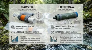 A value comparison graphic showing initial cost versus long-term cost per gallon for Sawyer and LifeStraw products.