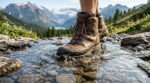 A close-up illustration of waterproof hiking boots for men stepping through a shallow forest stream.
