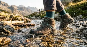 Close-up illustration of leather hiking boots for women splashing through a shallow forest stream.