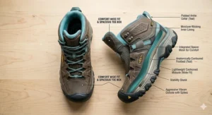 Illustration of comfortable wide-fit hiking boots for women with a spacious toe box.