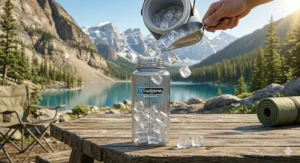 An illustration demonstrating a wide-mouth Nalgene bottle being filled with ice cubes to show its practical design for campers.