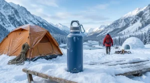 Illustration of an insulated water bottle sitting in the snow to prevent water from freezing during winter camping.