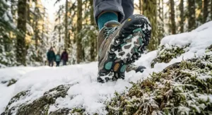 Insulated hiking boots for women with thick soles standing in deep snow.