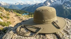 A gray safari style sun hat for hiking with an adjustable drawstring chin strap and ponytail hole.