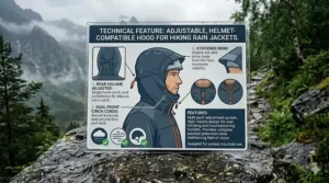 Illustration of a cinchable, helmet-compatible hood on a technical rain jacket for hiking to protect against wind and rain.