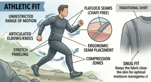 A person wearing a snug, athletic-fit long-sleeve base layer to demonstrate proper sizing for hiking.