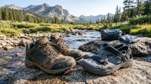 Waterproof camp sandals worn while relaxing by a rocky mountain riverbank.