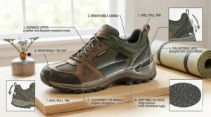 Diagram showing the essential features of the best camp shoes, highlighting a collapsible heel, durable outsole, and breathable mesh upper.