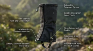 A photorealistic anatomy diagram of a black hiking gaiter, illustrating key features such as the waterproof upper, durable instep strap, front lace hook, and drawcord closure.