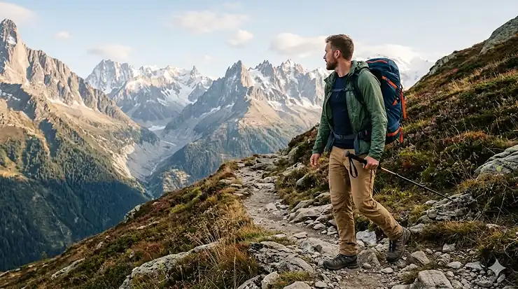 A man wearing durable gray hiking pants stands on a rocky mountain summit looking at a scenic valley view. hiking pants for men