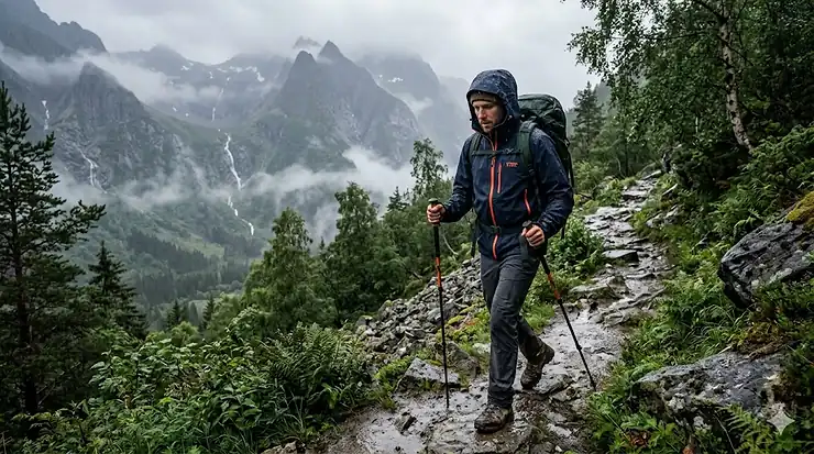 A hiker wearing a waterproof breathable rain jacket for hiking while trekking through a misty mountain trail.