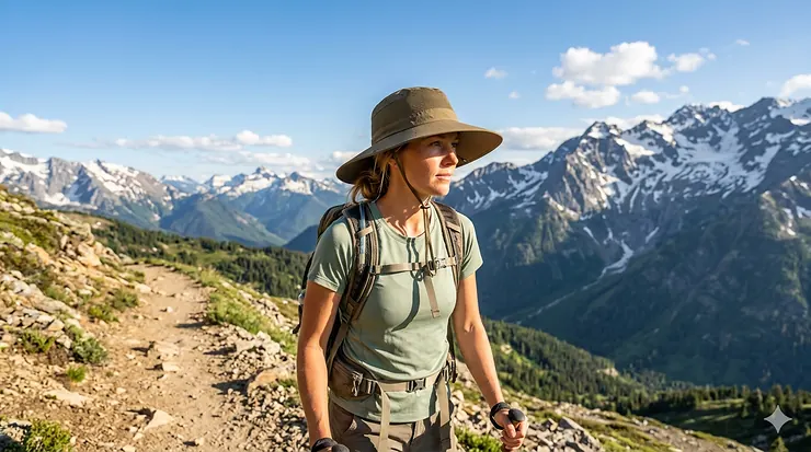 A female backpacker wearing a wide-brim sun hat for hiking on a sunny mountain trail.