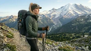 A pair of affordable, high-quality hiking gloves clipped to a backpack side strap.