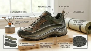 A hiker resting their feet in comfortable camp shoes after a long day of hiking on a rugged trail.