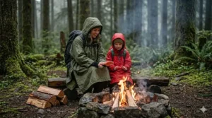 A person sitting by a campfire at a rainy campsite wearing a protective waterproof poncho.