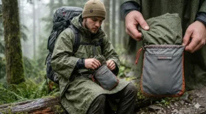 A lightweight rain poncho for camping folded into a small carry pouch next to a backpack.