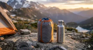 A lightweight down jacket for camping compressed into a small stuff sack next to a water bottle.