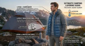 Infographic showing how to layer a down jacket for camping over a base layer and under a waterproof shell.