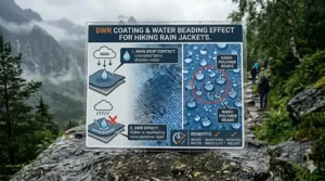 Water droplets beading on the surface of a rain jacket for hiking treated with Durable Water Repellent (DWR) coating.