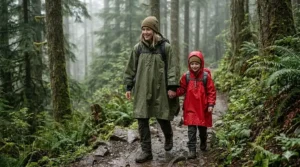 A group of campers wearing colorful rain ponchos while walking on a trail during a light rain shower.
