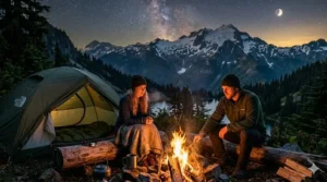 A camper sitting by a fire at night wearing a thick fleece jacket for warmth and comfort.