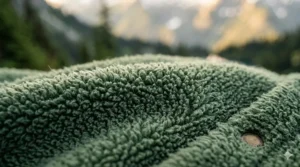 Macro view of high-loft synthetic fleece fabric showing the insulating fibers for cold weather camping.