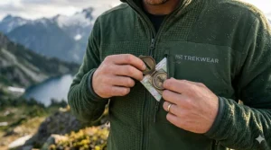 Close-up of secure zippered chest pockets on a camping fleece jacket for storing small gear.