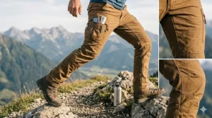 A male hiker taking a large step over a boulder, demonstrating the stretch and mobility of flexible hiking pants for men.