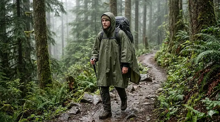 A hiker wearing a durable, waterproof olive green rain poncho while trekking through a misty forest. rain poncho for camping