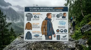 An infographic showing a rain jacket for hiking used as the outer shell layer over a fleece and base layer.