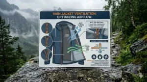 Close-up illustration of underarm pit zips on a rain jacket for hiking to improve airflow during strenuous climbs.