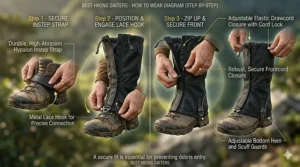 Step-by-step graphic illustration demonstrating how to properly put on and secure hiking gaiters to trail boots.