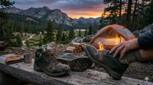 Insulated camp booties being worn inside a tent during a snowy winter backpacking trip.