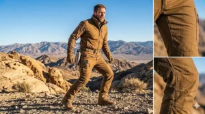 A hiker wearing lightweight, breathable summer hiking pants for men while walking along a sunny desert trail.
