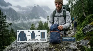 A lightweight rain jacket for hiking compressed into its own pocket to show packability for backpackers.