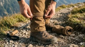 A hiker unzipping the lower leg of versatile convertible hiking pants for men on a sunny trail.