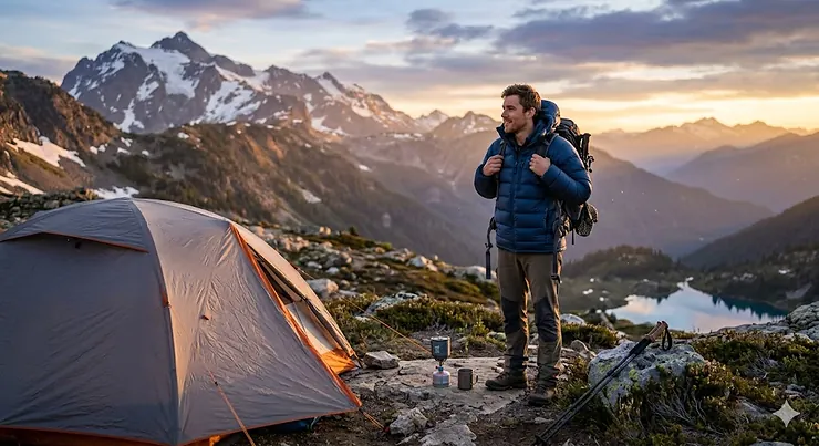 A hiker wearing a warm down jacket for camping while standing on a snowy mountain ridge at sunset.