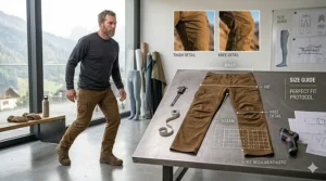 An infographic chart detailing waist, inseam, and hip measurements to find the perfect fit for hiking pants for men.