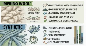 A side-by-side comparison chart of merino wool and synthetic fabrics for hiking base layers.