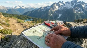 A person folding a packable sun hat for hiking next to a yellow outdoor backpack.