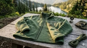 An olive green quarter-zip fleece pullover laid flat, ideal for layering during outdoor activities.